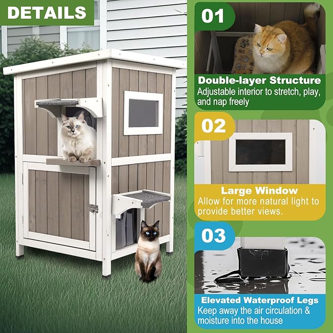 Outdoor Cat House Weatherproof, Two Story Wooden Feral Cat House Shelter with 2 Escape Door, Outside Cat Condo for Small Animals with Openable Asphalt Roof, Grey