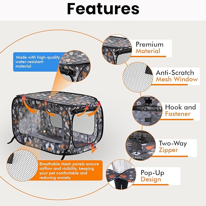 Beatrice Home Fashions Portable, Collapsible, Pop Up Kennel Travel Cat and Dog Crate, 36" L x 22" W x 22" H, Face of Love