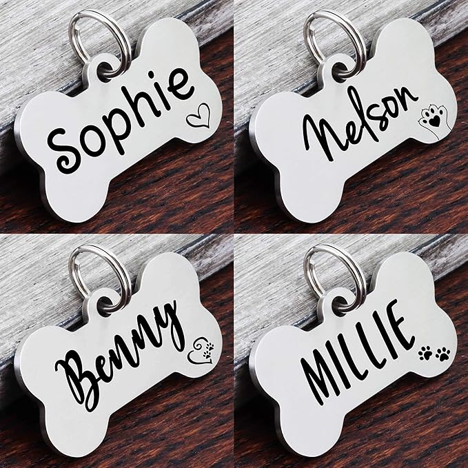 Ultra Joys Custom Personalized Dog ID Tag, Brushed Stainless Steel Bone Dog Tag, Silver, Large