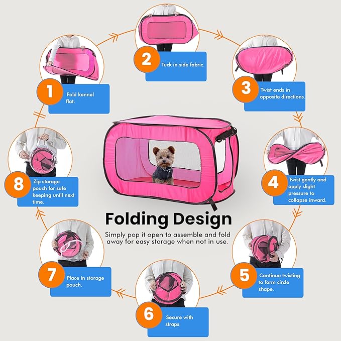 Beatrice Home Fashions Portable, Collapsible, Pop Up Kennel Travel Cat and Dog Crate, 40" L x 27" W x 27" H, Fuchsia