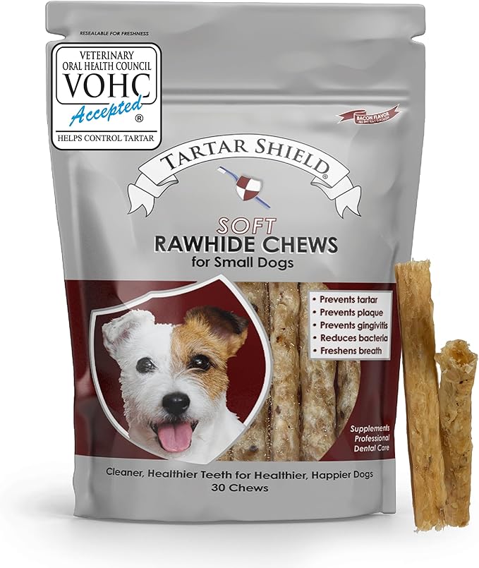 Tartar Shield Soft Rawhide Chews | Safe Dental Treats for Small Dogs | Vet VOHC Approved | Daily Bone Cleans Teeth & Gums Fresh Breath Oral Health Support | USA Made | (Small Dogs / 30 Count)