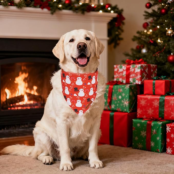 ADOGGYGO Christmas Dog Bandanas 2 Pack, Reversible Snowman Hoho Pattern Xmas Scarf, Premium Fabric, Adjustable Fit Red Green Christmas Bandanas for Medium Large Dogs (Large)