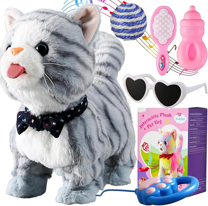 Gray Leash Walking Cat Set Interactive Talking Cat Singing Dancing Kitten Mimicking Repeat What You Say Kitty Touch and Voice Control Nodding Wagging Tail Plush Electric Kitty for Kid Gril