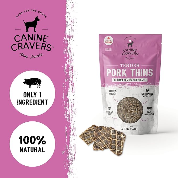 Canine Cravers Single Ingredient Dog Treats – Pork Thin Tenders - Human Grade Air Dried Hypoallergenic Pet Food – Grain, Gluten, and Soy Free – 100% All Natural - 5.3 oz
