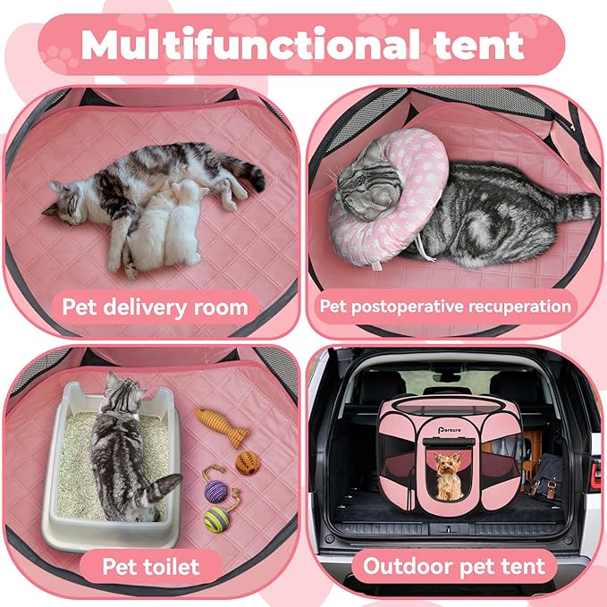 Dog Cat Playpen Indoor Outdoor for Puppy Pet Dogs Cat Recovery After Surgery, Dog Tent Crates Cage Indoor/Outdoor, Portable Pop Up Kennel with Carrying Case for Travel (Premium Pink with Pad, Small)