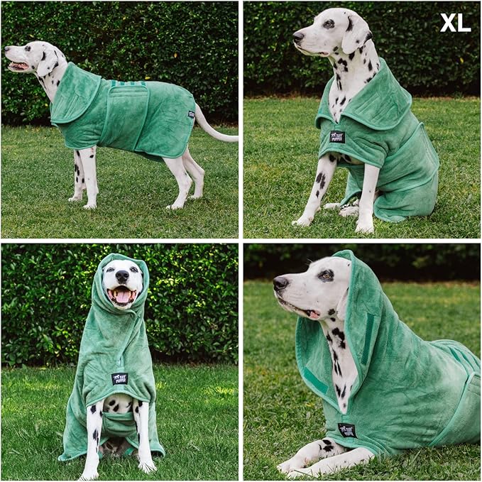 Tuff Pupper Fast Drying Dog Bath Robe | 800 GSM Plush Dog Towel Bathrobe/Dressing Gown | Super Absorbent Pet/Puppy Bathrobe | Adjustable Hood & Belly Strap | Super Soft | Fast Drying (XL, Green)