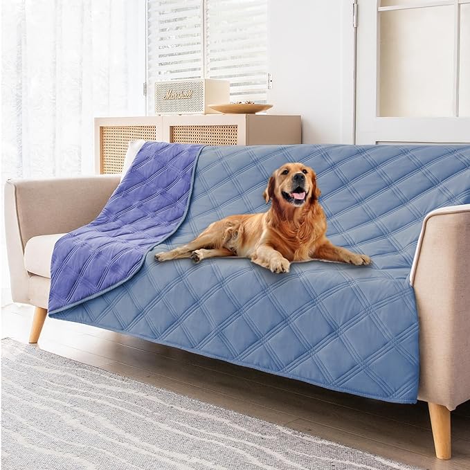fuguitex Waterproof Dog Blanket Reversible for Small Dogs Resistant Leakproof Washable Couch Cushion Bed Protector Cover for Indoor Furniture Pet Friendly(30"*90",Violet Blue+ Light Blue)