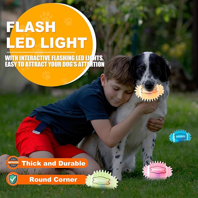 4.3” Dog Squeaky Football Toys 4 Pack, Light up and Durable Spiky Dog Balls for Medium Large Dogs with Rugby Shape, Built-in Squeaker for Teeth Cleaning and Training