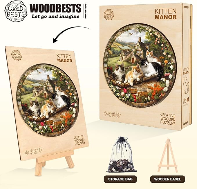 KAAYEE Wooden Puzzles for Adults, Kitten Manor Puzzles, 200 Piece Unique Animal Shape Puzzle, Cat Wood Puzzle for Adults, Creative Gifts for Cat Lover/Friends/Family, Home Decor(11.4 * 11.4in)
