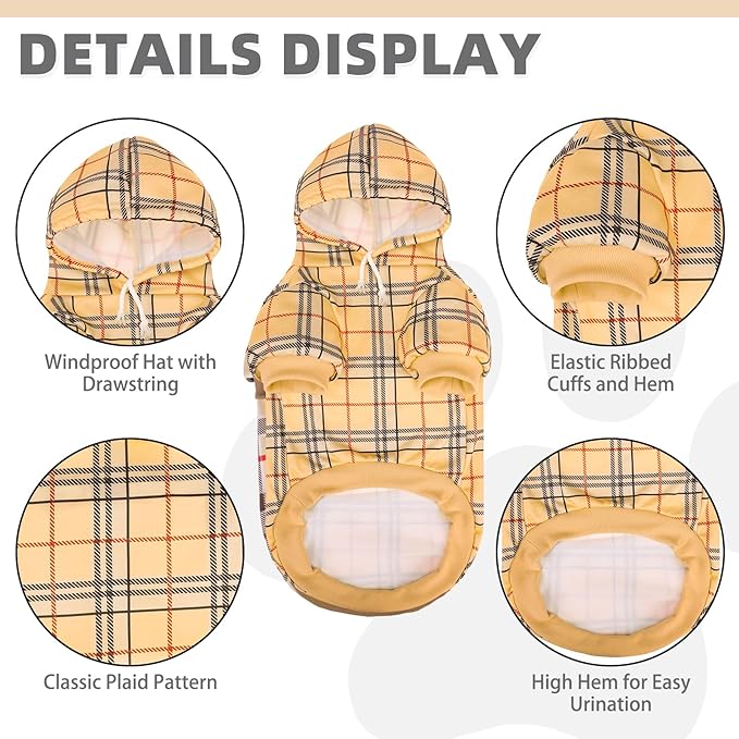 KOOLTAIL Plaid Dog Hoodie for Small Medium Large Dogs,Pet Clothes Sweater with Hat and Pocket for Cold Weather Winter, Soft&Warm Doggy Hooded Sweatshirt Coat Outfit for Puppy Cats Girls Boys Beige L