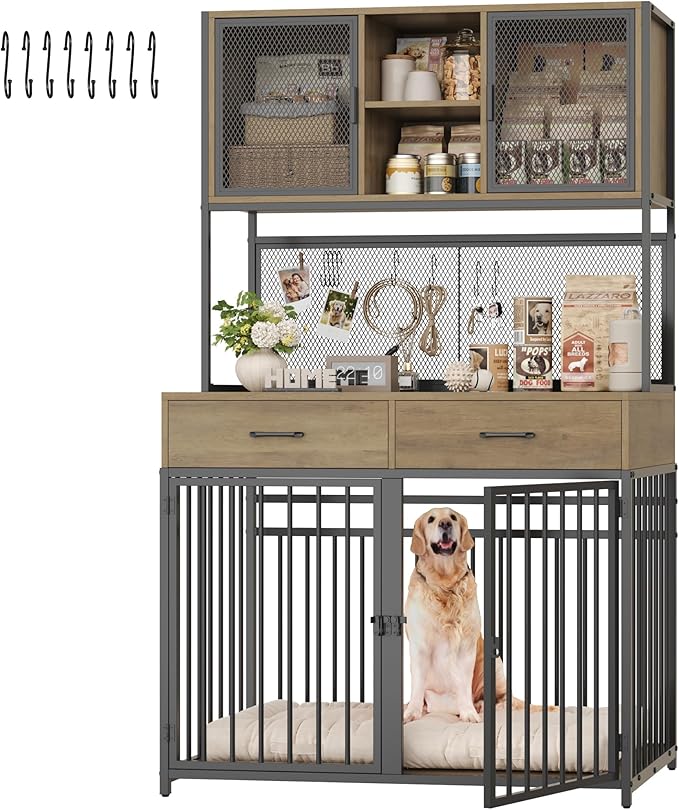 HITHOS 71" Tall Dog Crate Furniture, Indoor Dog Kennel with Hutch, 42" W Dog Cage for Large/Medium Dogs, Wood Dog Crates with 2 Storage Drawers, Heavy Duty Pet House, Rustic Brown