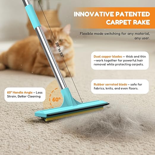 3 In 1 Carpet Rake for Pet Hair Removal with Long & Short Handle and Rubber Detail Brush, Carpet Brush for Pet Hair, Deep Cleaning Pet Hair Removal Broom for Carpets Couches Rugs Bed Furniture