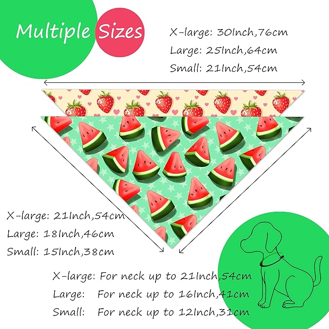 New Summer Fruit Dog Bandanas 2 Pack 4 Pattern Reversible, Holiday Bandana for Boy and Girl, Premium Durable Fabric, Party Triangle Scarf for Medium to Large Breed Dogs (X-Large)