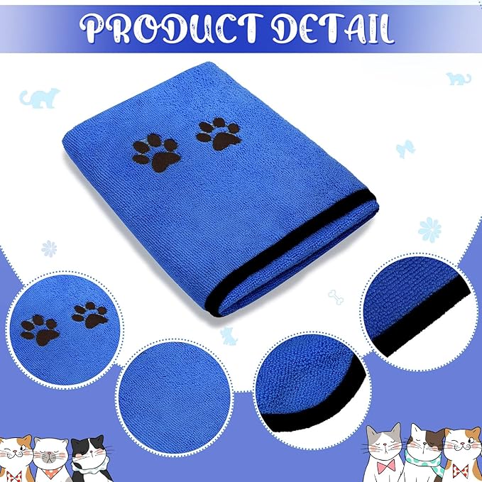Tegeme 4 Pack Dog Towels for Drying Microfiber Soft Absorbent Pet Bath Towel Dog Drying Grooming Cloth with Embroidered Paw for Pet Cat Bathing Grooming(35 x 20 Inch,Deep Blue)