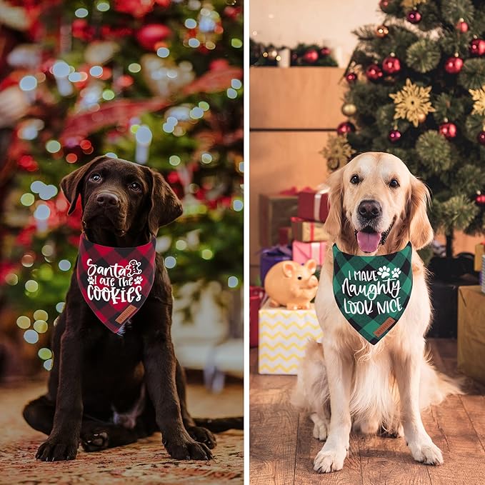 ADOGGYGO Christmas Dog Bandanas 4 Pack, Classic Plaid Triangle Pet Scarf Bibs Kerchief, Multiple Sizes Offered, Red Green Christmas Holiday Bandanas for Small Dogs Pets (Small)