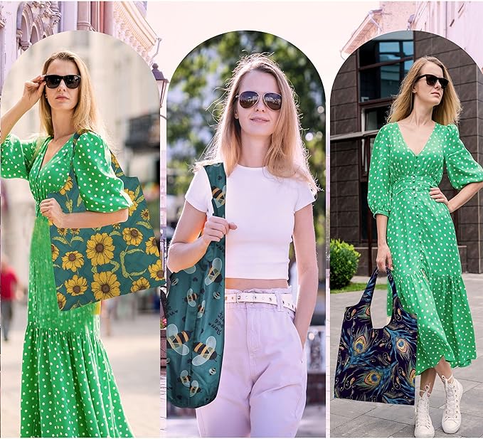 BeeGreen 12 Packs Flower Reusable Grocery Bags Reusable Tote Bags Extra Large 50LBS Cute Floral Design Foldable Reusable Bags for Women Men Lightweight Durable