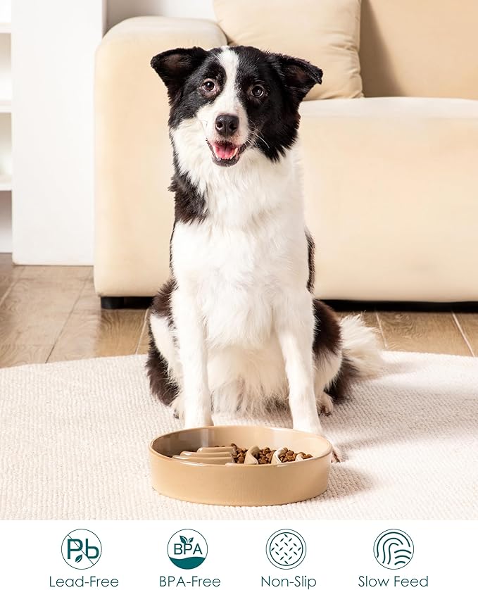 vancasso Slow Feeder Dog Bowl, 3 Cup Ceramic Slow Feeding Food Dish for Large Breed, Puzzle Dog Food Bowl for Fast Eater, Brown