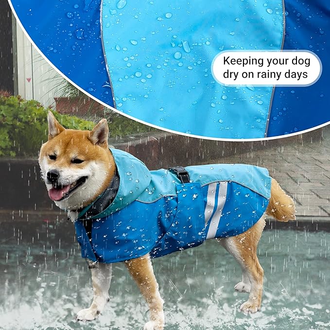 Dog Raincoat for Medium Large Extra Large Dogs, Waterproof Rain Jacket with Reflective Strap, Lightweight Hoodies Full-Body Coverage Dry Clothes (S, Blue)