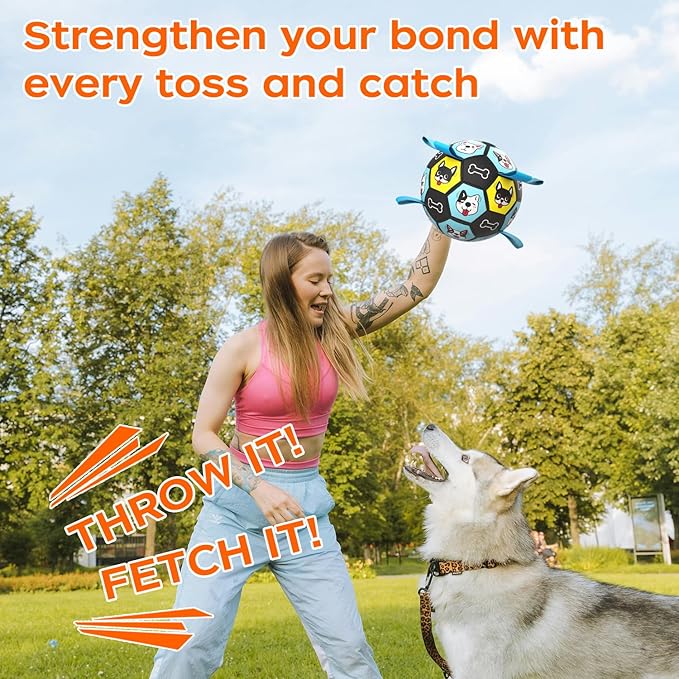 Dog Toy Soccer Ball with Straps, Herding Ball for Dogs, Outdoor Interactive Dog Toy, Dog Fetch Toy, Ideal for Medium & Large Dogs, Great Puppy Birthday (6 Inch)