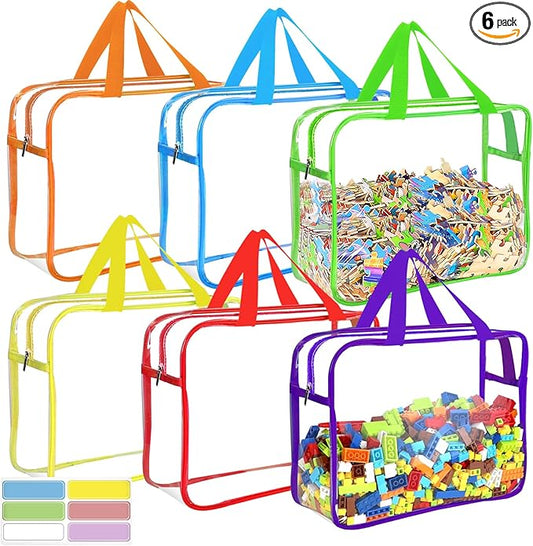 6 Color Large Toy Storage Bags with Labels, Reusable Clear PVC Board Game Storage, Travel Waterproof Organizer Bags with Zipper for Building Blocks, Puzzle, Kids Books