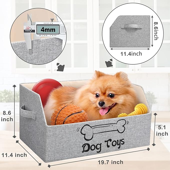 2X Thicker Large Dog Toy Collapsible Fabric Dog Toy Box and Storage Bin With Handle - Trapezoid Basket Chest Organizer for Pet Toys, Blankets and Accessories