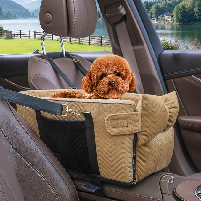 Dog Car Seat for Small Dogs, Portable Center Console Dog Car Seat, Pet Booster Seats with Safety Belt and Soft Cushion, Pet CarSeat for Dogs and Cats Under 15 lbs, Brown