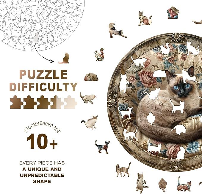 Wooden Puzzles for Adults - Vintage Siamese Cat Wooden Jigsaw Puzzle, Unique Animal Shaped Wood Puzzles Adult, Christmas Birthday Gifts for Friends/Family, Home Decor 11.4 * 11.4in 200pcs