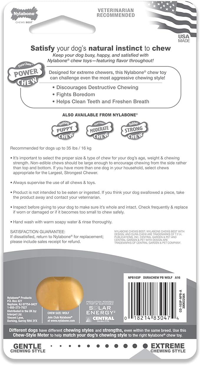 Nylabone Power Chew Classic Bone Chew Toy for Dogs, Durable Dog Toys for Aggressive Chewers, Peanut Butter Flavor, Medium/Wolf - Up to 35 lbs. (1 Count)