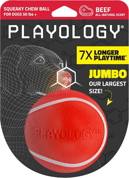 Playology Dog Toys | Squeaky Chew Ball - Bouncy Durable Floating Fetch Ball for Dogs | Jumbo Beef Scented Toy - Easy to Clean and Made from Non Toxic Materials