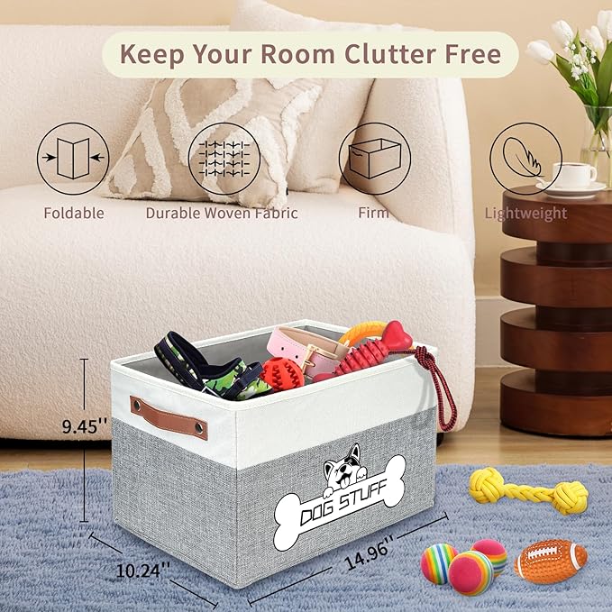 Foldable Dog Toy Box, Fabric Pet Storage, Folding Organizer Home Décor Bin with Handle, Collapsible Storage Basket for Pet Leash, Blanket, Chew Toys and Accessories