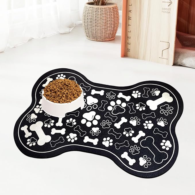 Dog & Cat Food Mat Bone Shaped Pet Feeding Mat Quick Absorb Water Bowl Placemat with Rubber Backing Indoor Floor Stain Resistant Pet Accessory Supplies (Black, 16x24 Inches)