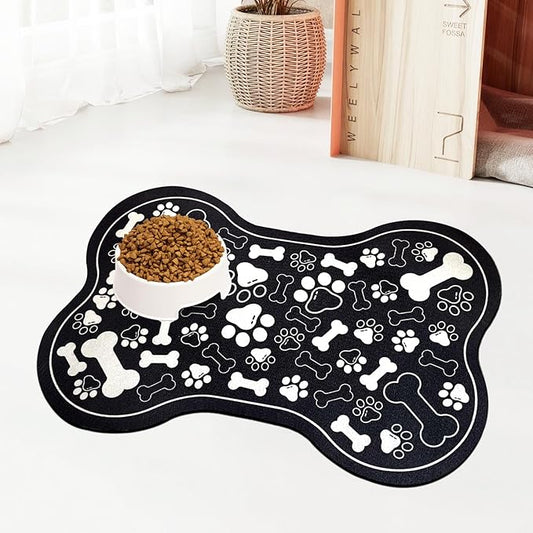Dog & Cat Food Mat Bone Shaped Pet Feeding Mat Quick Absorb Water Bowl Placemat with Rubber Backing Indoor Floor Stain Resistant Pet Accessory Supplies (Black, 16x24 Inches)