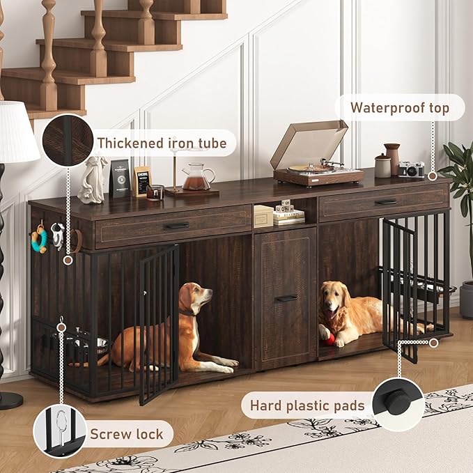 86.6" Dog Crate Furniture Large Breed TV Stand with Double Rooms, Wooden Dog Kennel Furniture with Dog Bowl, 2 Drawers and Cabinet for Large Medium Dogs, Brown
