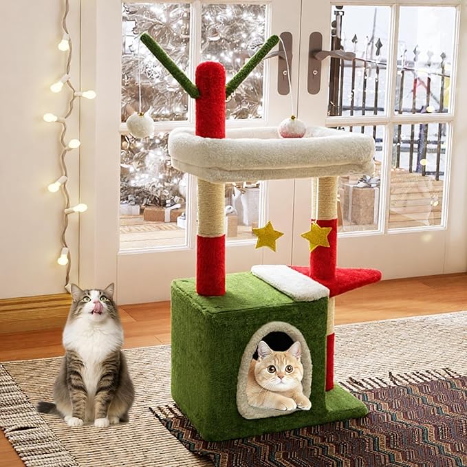 BYBYME 32" Christmas Cat Tree, Christmas Party Decoration for Cats, Sturdy Cat Furniture Set with Cat House, Hanging Toys, Scratching Sisal-Covered Posts（15.7 * 11.8 * 32in）