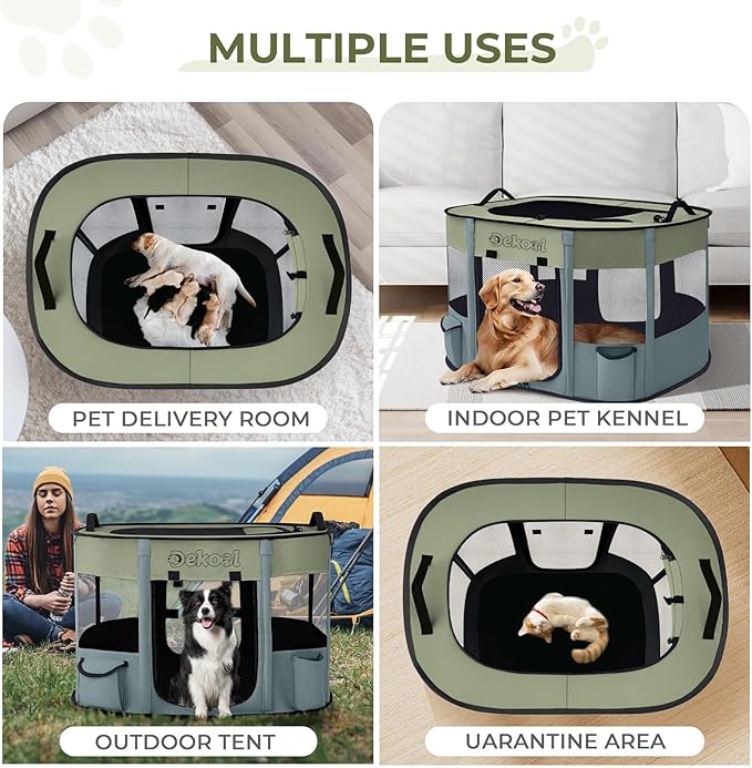 Foldable Dog Cat Playpen, Portable Dog Crate for Puppies, Cat, Puppy Play Pen for Indoors, Kennel Tent Crate for Indoor Outdoor Travel Camping Use with Carrying Case (Green, M)