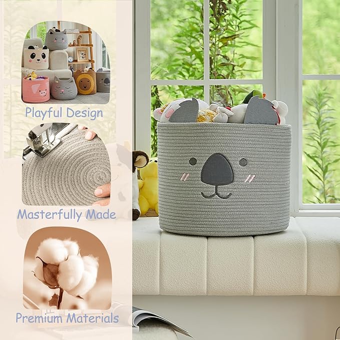OMERAI Animal Koala Basket, Cute Cotton Rope Woven Large Blanket Basket, Toy Storage for Nursery decor and Laundry Organizer with Handles, baby hamper shower gift, 15" D x 12.6" H, Grey