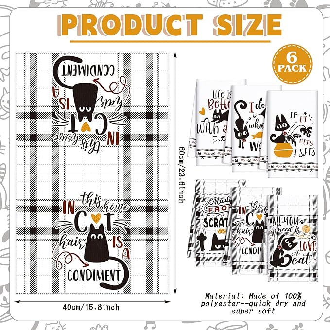 Redbaker 6 Pcs Black Cat Theme Kitchen Towels Funny Dish Towel Black White Kitchen Hand Dishcloth Kitty Decorative Tea Dishcloth with Hanging Loop for Cat Lover Bathroom Home Housewarming Gift