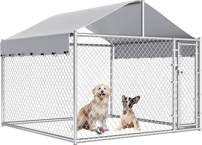 Large Dog Kennel Outdoor, Outside Dog Run Enclosure Heavy Duty Galvanized Steel Chain Link Metal Dog Pen House with Lockable Door and Water-resistant Roof, for Medium and Large Dogs(6.76'x6.76'x5.65')