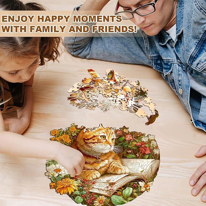 KAAYEE Wooden Puzzles for Adults, Flower Kitten Reading Puzzles, 100 Piece Unique Animal Shape Puzzle, Cat Wood Puzzle for Adults, Creative Gifts for Cat Lover/Friends/Family(8.5 * 8.5in)