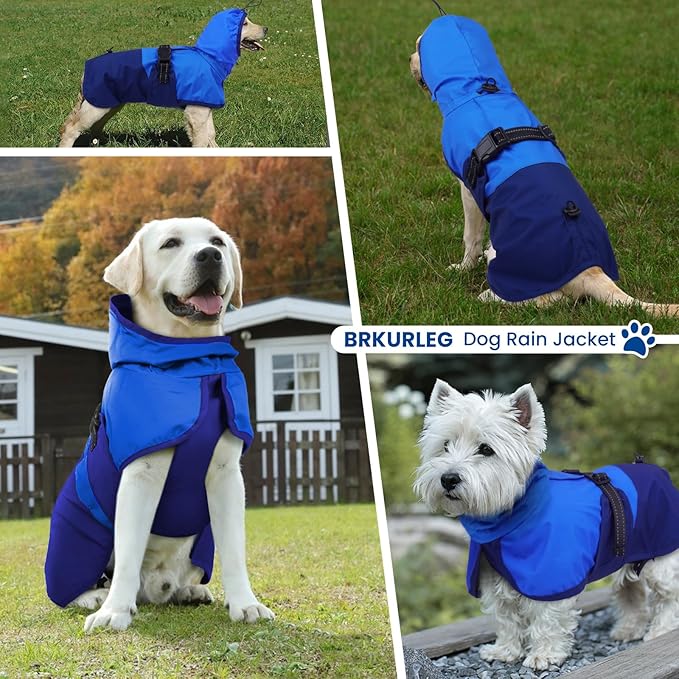 BRKURLEG Dog Raincoat Adjustable Dog Rain Jacket with Hood Dogs Waterproof Rainproof Jacket with Leash Hole Pet Poncho Rain Coat Poncho with Reflective Strip, Blue, XXL