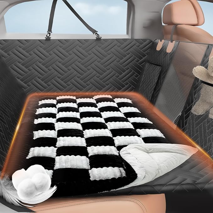 Backseat Pet Bed Mat, Deluxe Dog Seat Covers,Truck Plaid Dog Bed for Car Back Seat, Non-Slip Travel Pet Mat, Back seat Extenders for Car/SUV (for L-Black/White)