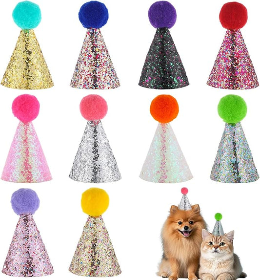 10pcs Mini Small Dog Hats with Sequins Multi-Color Cat Birthday Hat Puppy Birthday Party Hats Glitter Adjustable Mini Dog Birthdays Party Hat for Kittens Dogs Pet Grooming Costume Accessories
