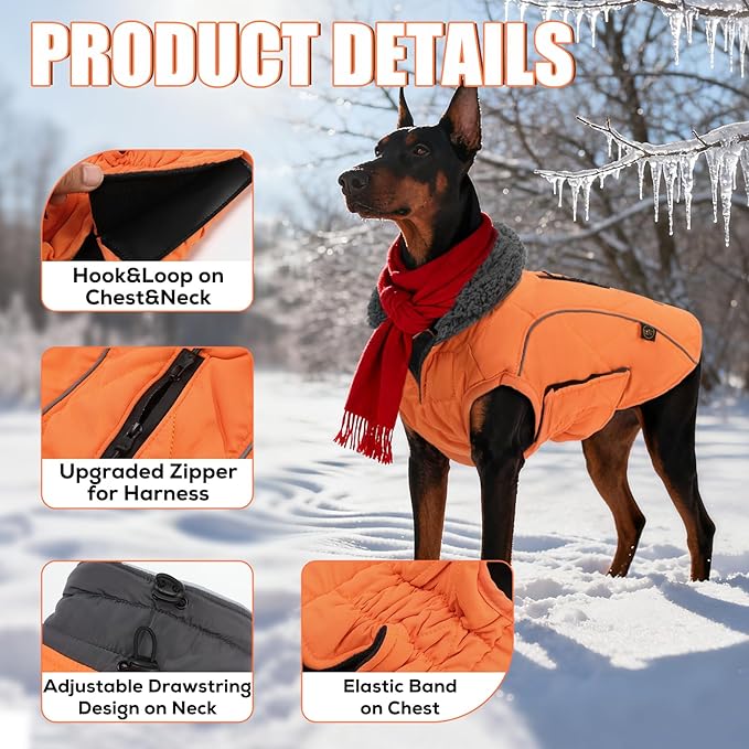 EMUST Dog Jackets for Winter, Cold Weather Coats for Dogs, Soft Winter Jackets for Medium Large Dogs, Orange, L