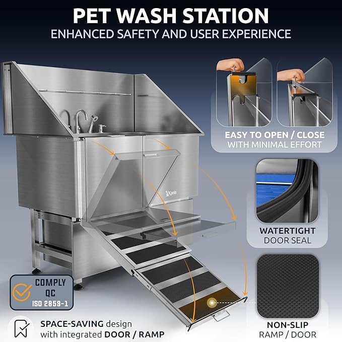 KANIS Professional Dog Washing Station - 304 Stainless Steel Pet Wash Sink & Grooming Bathtub w/Shower, Floor Grates and Storage for Large, Medium & Small Pets (50", 2 Drawers - Left Ramp)