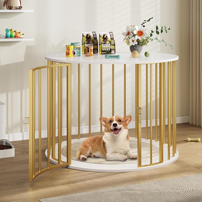 32 Inch Dog Crate Furniture for Large Medium Dogs, Wooden Dog Kennel Indoor Decorative Pet House Side End Table, Round Dog Cage, White and Gold