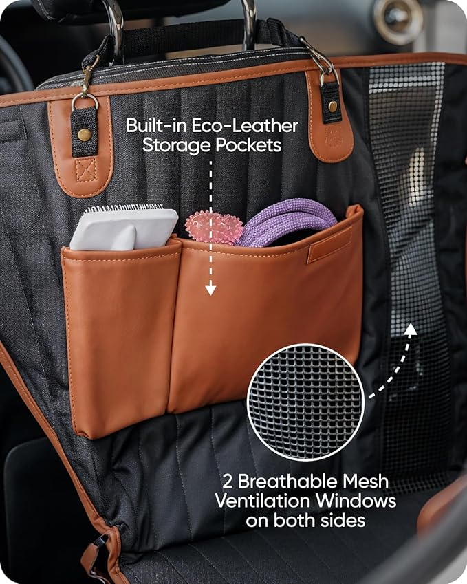 Owleys Hard Bottom Pet Seat Cover for Back Seat – Heavy Duty Waterproof Dog Hammock Bed –Travel Protector for SUVs, Sedans & Trucks – Foldable Design - 2 Pockets – Mesh Ventilation Windows