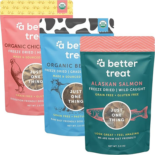 A BETTER TREAT – Freeze Dried Wild Caught Salmon, Organic Grass Fed & Finished Pasture Raised Beef, Organic Chicken Dog and Cat Treats, Single Ingredient | Healthy, Diabetic Friendly | Made in The USA