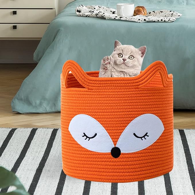 VK VK·LIVING Fox Toy Basket Cotton Rope Animal Baskets Orange Laundry Hamper for Toys, Clothes,Gifts,Towels, Blankets, Empty Gift Basket for Organizing with Handles 15''x14''