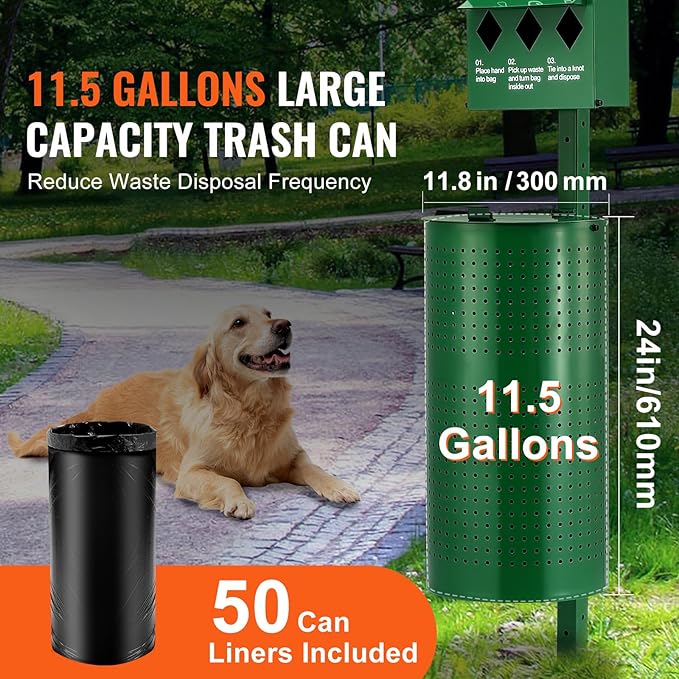 VEVOR Pet Waste Bin, 11.5 Gallon Dog Poop Station with 50 Liners & 600 Bags, Outdoor Dog Waste Disposal System
