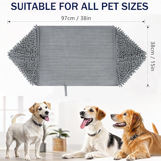 OLANLY Chenille Dog Bath Towel 38x15, Ultra Absorbent Quick Dry Pet Towel, Extra Soft Washable Plush Towel for Large Dogs & Puppies, Indoor Outdoor Use, Grey